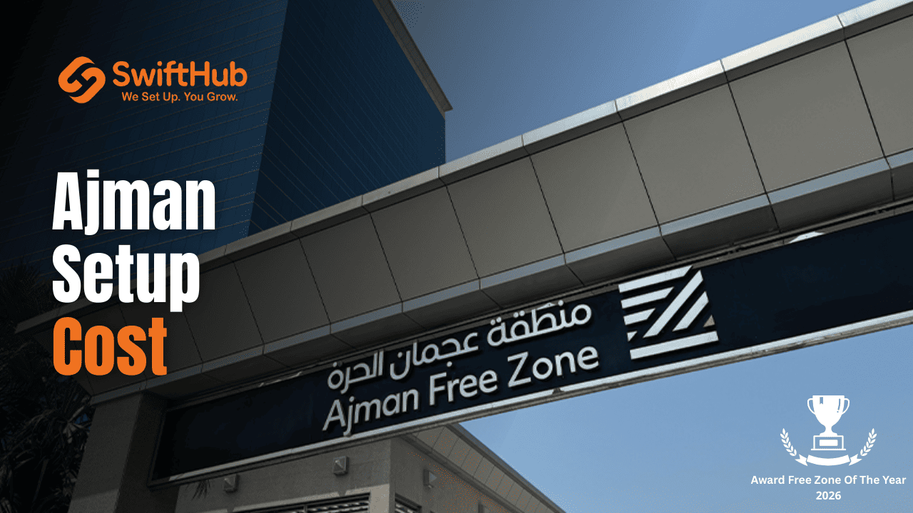 Ajman Free Zone business setup cost banner with SwiftHub branding